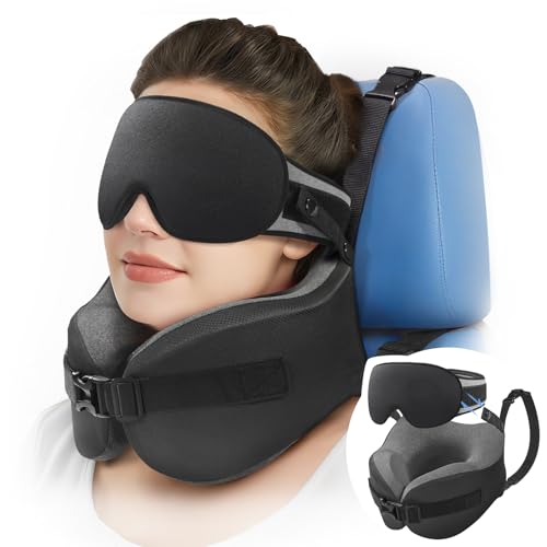 YFONG Travel Pillow for Long Flight Airplanes, Head Strap Combo with 3D Contoured Eye Mask for Sleep, Neck Pillow for Car Trip Essential, 360° Support Memory Foam Headrest, Prevent Head Bobbing, Black