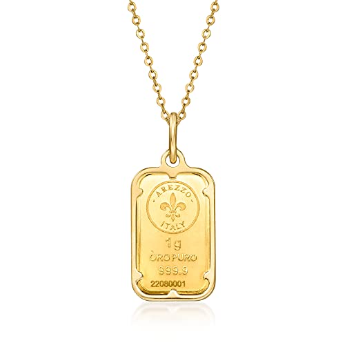 Ross-Simons Italian 24kt Yellow Gold Fleur-De-Lis 1-Gram Ingot Pendant Necklace With 14kt Yellow Gold Frame. 18 inches