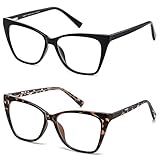 LKEYE Oversized Reading Glasses For Women Cat Eye Computer Blue Light Blocking Reader Stylish Ladies Designer Fashion Large Unbreakable Eyeglasses 2pack Black Leopard LK6042 + 0