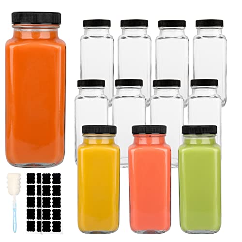 GUANENA 12 Pack Glass Drink Bottles, 8.5 OZ Vintage Square Water Bottles with Lids, Juice Bottles Beverages Containers for Milk, Kombucha, Smoothies
