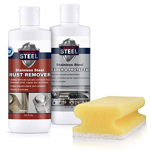 CLEAN MY STEEL Stainless Steel Rust Stain Remover & Cleaner Kit, NSF Safe for Food Areas. Includes Cleaner for Commercial Equipment, Appliances, Gloves & Sponge (8.5 oz)