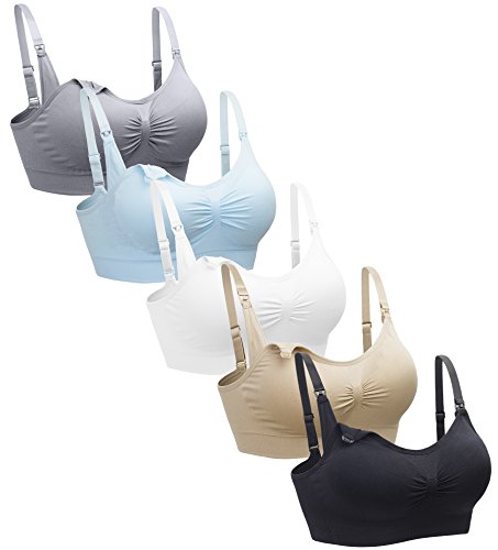 Suekaphin 5PACK Wireless Nursing & Breastfeeding Bra - Women's Maternity & Sleeping Bra, Medium Plus, Black/Nude/Gray/White/Lightblue