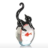 Tooarts Cat and Goldfish Sculpture Glass Ornament Cat Figurine Hand Blown, Christmas Birthday Gift [Black & Red]