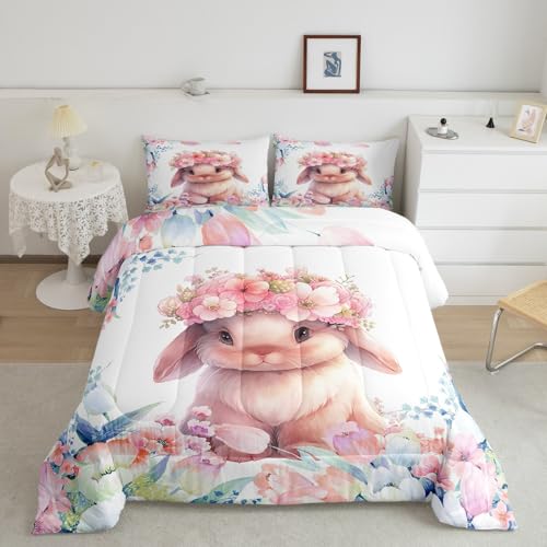 Feelyou Cute Rabbit Comforter Set Queen Size Kids Cartoon Bunny Animal Comforter for Boys Girls Teens Flower Floral Print Bedding Set Farm Zoo Garden Theme Duvet Set Room Decor