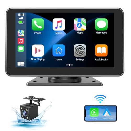 HAUXIY Wireless Apple Carplay Screen for Car, 7" HD Touchscreen with Portable Apple Carplay & Android Auto Car Stereo with Backup Camera, GPS Navigation/Mirror Link/Voice Control/Bluetooth