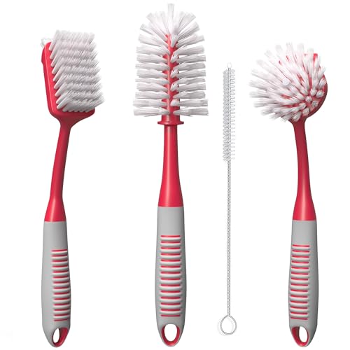 Dish Brush Set of 4 - Kitchen Scrub Brushes with Non-Slip Long Handle for Cleaning, Scrubber, Dishwashing, Dishes, Bottles, Straws, Cups, Pots & Sink, Red