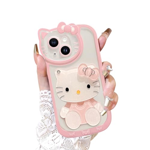 XXYUIKEZI for iPhone 15 Kawaii Cartoon Cute Pink Phone Case，with Mirror, Makeup Mirror Phone Case, Pink Cute Girl Phone Case
