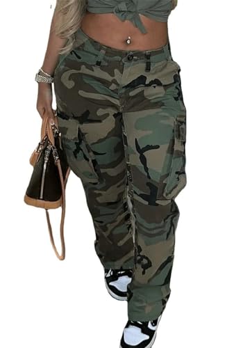 NRTHYE Women's Camo Print Cargo Jeans Casual High Waist Wide Leg Army Pants with Pockets