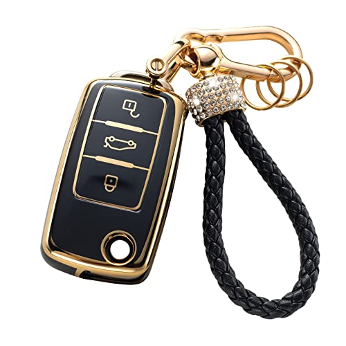 Gematay for VW Volkswagen Key Fob Cover with Keychain Lanyard, Key Fob Protector Shell Compatible with VW Jetta Golf Polo MK7 Passat Beetle Smart Key Case