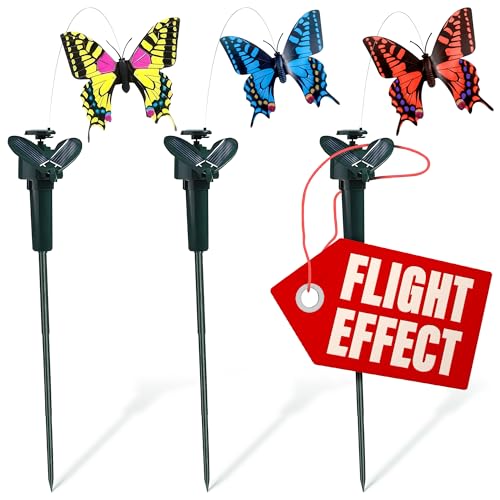 3 Pcs Fluttering Solar Butterfly Garden Stakes – Moving Butterfly Decorations with Solar Butterflies, Easy Installation Waterproof Outside Decor Stakes, Three Bright Colors | Battery NOT Included