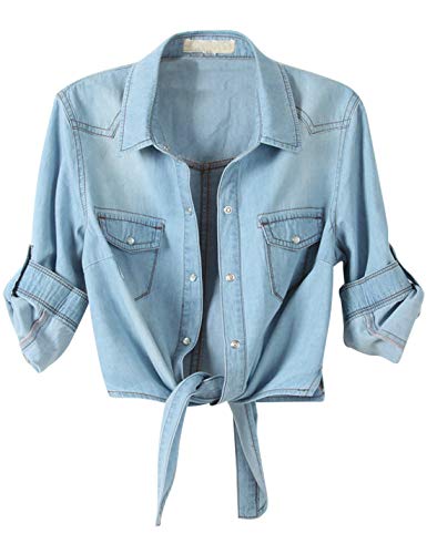 Omoone Women's 3/4 Sleeve Denim Crop Top Tie Knot Shirt Cardigan (0774-Light Blue-S)