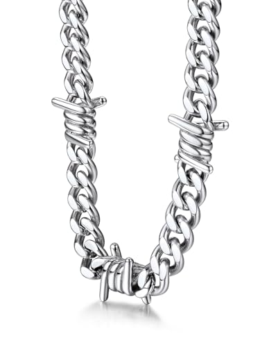 Bestyle Stainless Steel Barbed Wire Necklace 9mm Thick Heavy Thorns Mens Choker Necklace Punk Gothic Cuban Link Chain for Men Women 16 inch