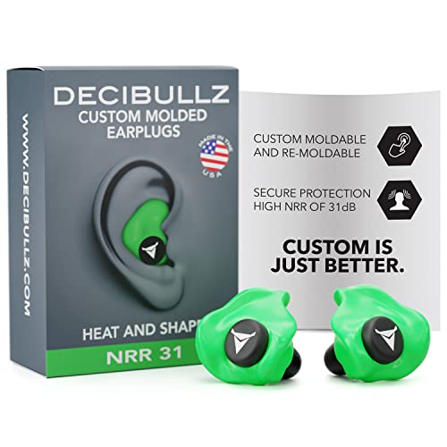 Decibullz - Custom Molded Earplugs, 31dB Highest NRR, Comfortable Hearing Protection for Shooting, Travel, Swimming, Work and Concerts (Green)