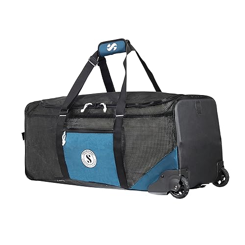 SCUBAPRO Sport Mesh 'N Roll 100 Wheeled Dive Bag with Double Duffel Straps and Adjustable Top Carry Handle for Scuba Diving Gear, Denim Blue Color Fabric
