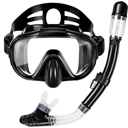 Snorkeling Gear for Adults, Dry Top Snorkel Set with Panoramic Anti-Leak and Anti-Fog Tempered Glass Lens, Adjustable Snorkeling Set for Scuba Diving Swimming Training Snorkel Kit