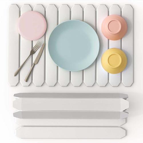 Large Stone Dish Drying Mat for Kitchen Counter – 24" x 16" White Diatomaceous Earth Mat, Quick Drying & Super Absorbent, Foldable Eco-Friendly Drying Pad for Dishes, Glasses & Bottles