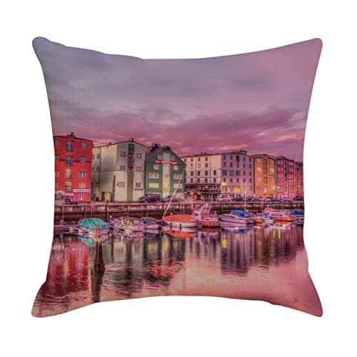 HJKKBLC 4Pcs Linen Cushion Cover 45x45cm, Garden Cushion Covers Multicolor Night View of Seaside City Linen Cushion Cover for Living Room Sofa Bedroom