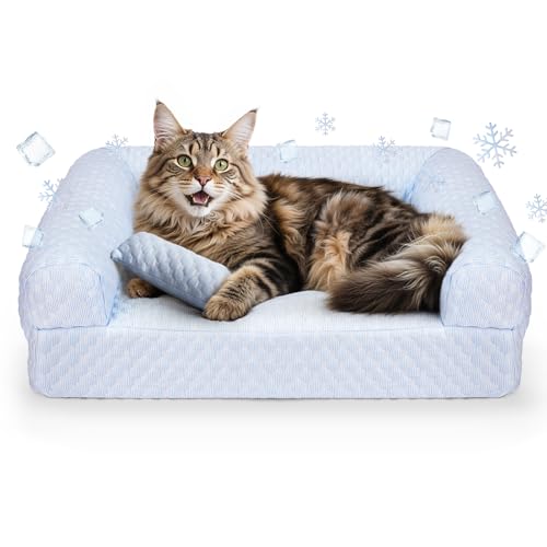 Cat Bed, Cat Beds for Indoor Cats, Summer Cooling Pet Sofa Bed, Washable Medium Pet Bed for Puppy and Small to Large Kitten with Anti-Slip Bottom, Fits Up to 65lbs Pets