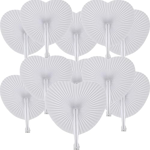 Bestage 100 Packs Decorative Paper Folding Hand Fans Handheld,White Heart Wedding Foldable Fans Chinese and Japanese Fans Bulk for Bridal Guest Church Party Favors Dancing Birthday DIY
