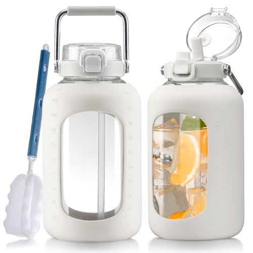 WINSA Large Glass Water Bottles with Stainless Steel Handle,100 oz Gallon Drinking Bottle with 2-in-1 Straw Lid,3 Liter Glass Water Jug with Silicone Sleeve,Wide Mouth,White