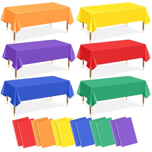 12Pcs Plastic Table Cloth Disposable, Assorted Color Rainbow Tablecloth Colorful Neon Rectangle Bulk Solid Table Cover for Birthday Wedding Graduation Picnic Fiesta Home Party Decorations（54x72 Inch）