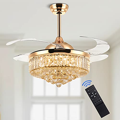 MOOONICHE 42 Inch Crystal Ceiling Fan with Light and Remote Modern Gold Dimmable Fandelier Invisible Retractable Chandelier Fan for Bedroom Living Room Dining Room