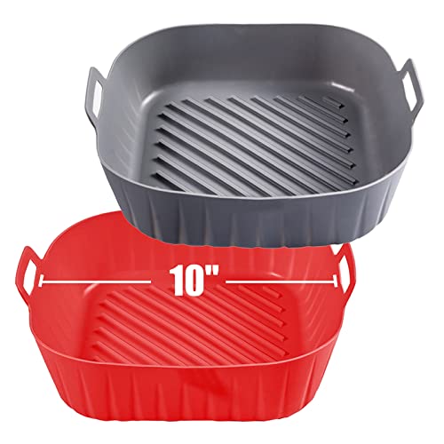 Golden Associate Silicone Liners Square Extra Large 10 Inches for Air Fryer, 2 Pcs Non-stick Food-grade Reusable Silicone Pot Baking Tray Basket Bowl Oven Air Fryer Accessories