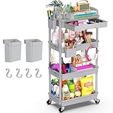Goovilla 4 Tier Rolling Utility Cart Organizer with Removable Drawer, Stable and Sturdy Grey Rolling Storage Carts with 2 Lockable Wheels for Bathroom, Kitchen, Snack, Craft, Makeup, Baby Essentials