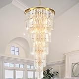 Arotikee Luxury Gold Crystal Chandelier for High Ceilings, 37-Lights Modern Long Foyer Entrance Crystal Chandelier Pendant Light Fixture for Grand Living Room Staircase(Height 62" Dia 28")