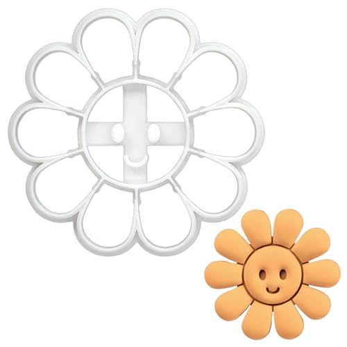 BAKERLOGY Happy Daisy Flower with Smiling Face Cookie Cutter - Detailed Biscuit Cutter Design for Baking and Crafts, ideal on fondant, dough, clay