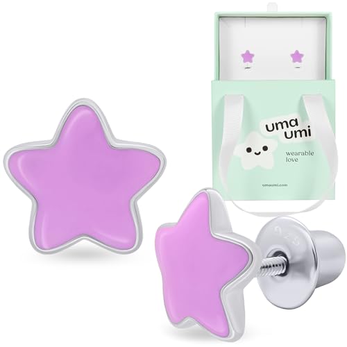 925 Sterling Silver Stars Purple Stud Earrings for Girls Hypoallergenic Safety Screw Back Rhodium Plated - Stars Purple Gifts Earrings for Baby Toddlers Little Teens Kids Jewelry