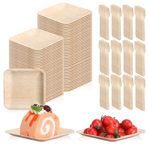 Irenare 400 Pcs 6 Inch Palm Leaf Plate Set, Compostable Grease Resistant Square Plates, Wooden Forks, Wooden Dinnerware, Disposable Wood Alternative Bamboo Plates