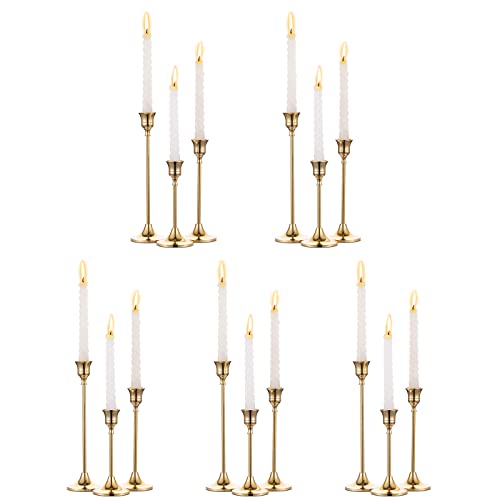 5 Sets(15 Pcs) Brass Gold Metal Taper Candle Holders Candlestick Holders, Vintage Modern Decorative Centerpiece Candlestick Holders for Table Mantel Wedding Housewarming Gift