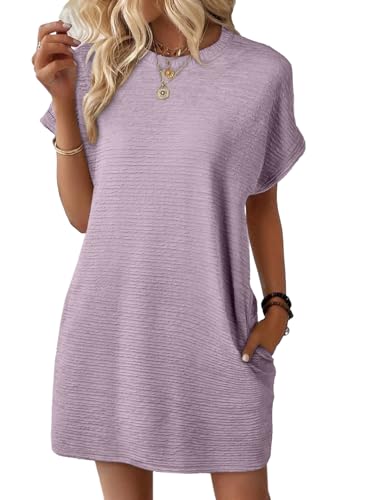EVALESS Womens Summer Dresses 2025 Fashion Short Sleeve Cute Spring Mini Dress Crewneck Beach Vacation Clothes Dresses with Pockets Purple Medium