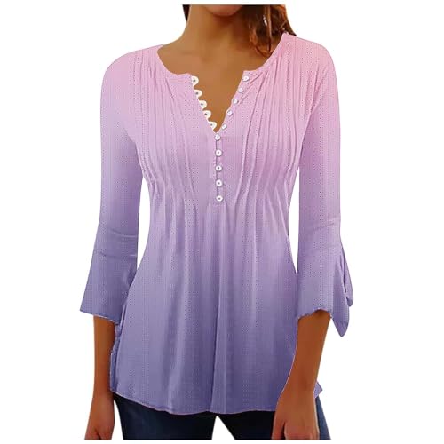 3/4 Sleeve Tops for Women Casual Button Up V Neck T Shirts Dressy Floral Print Eyelet Business Work Blouses