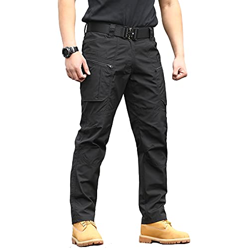 NAVEKULL Men's Work Cargo Pants for Men Rip Stop Tactical Pants Outdoor Hiking Camping Travel Pants Lightweight Water Resistant Waterproof Military Army Combat Trousers with Side Zipper Pockets Black