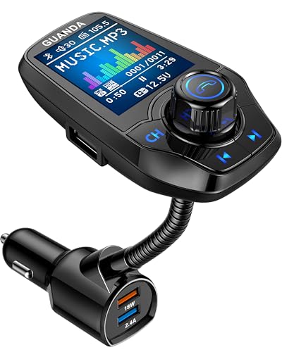Upgraded Bluetooth FM Transmitter for Car, Wireless Radio Adapter Kit W 1.8" Color Display Hands-Free Call AUX in/Out SD/TF Card USB Fast Charge 18W for All Smartphones Audio Players - Black