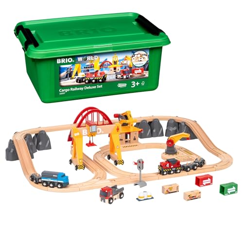 BRIO World Cargo Railway Deluxe - Wooden Track Train Set - Battery-Powered Engine, 3 Cranes, Bridge, Truck - Kids Ages 3+ - Compatible with All BRIO Sets - FSC Certified Wood - 54-Pieces