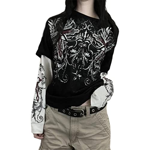 NaranjaBurbuja Y2k Fairy Grunge Graphic Long Sleeve Tees Tops Women E-Girls Aesthetic Gothic Skull Print Baggy T Shirts Emo Clothes 0-black Retro Fashion Uiui