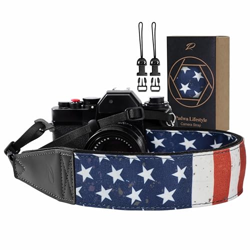 Padwa Lifestyle American Flag Print Camera Strap - 2" Full Grain Leather Ends, Vintage Flag Pattern Camera Straps for Photographers, Soft Chamois Velvet Padded Strap Quick Release fits All Cameras