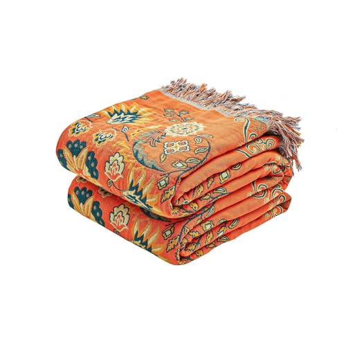 XIBLC Boho Throw Blanket, 100% Cotton Ultra Soft Luxury Throw Rustic Quilt, 60"x80" Floral Printed Farmhouse Decor Bed Summer Blankets, All Season Rustic Reversible Bohemian Throw for Bed - Orange