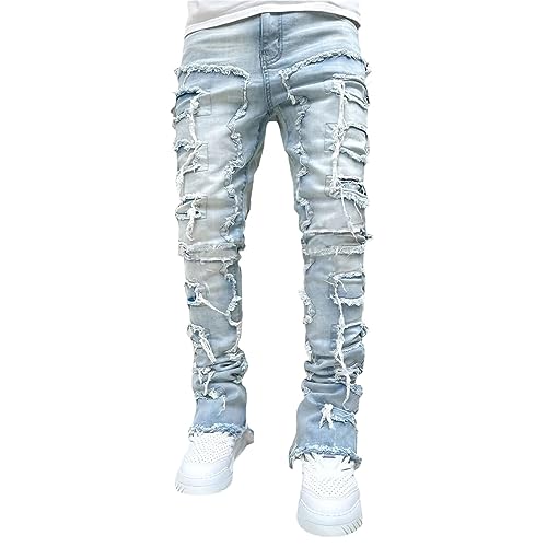 Giraropa Mens Black Stacked Jeans Slim Fit Skinny Ripped Jeans Destroyed Straight Denim Pants Harajuku Hip Hop Trousers Streetwear (Light Blue, S)