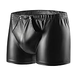 Men's Soft Matte Leather Boxer, Sexy Below Button Open Crotch, Hip Zipper Crotchless, Comfort Stretch Waistband Black