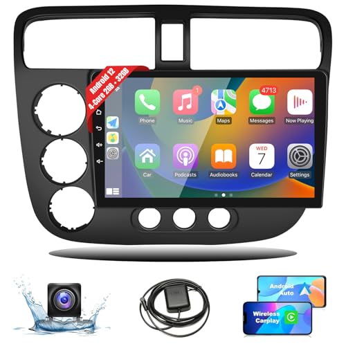Leadfan Android Car Radio with Wireless Carplay Android Auto for Honda Civic 2001 2002 2003 2004 2005, 9 inch IPS Civic Touch Screen Stereo Head Unit Bluetooth 5.1/GPS/WiFi/FM/Rear Camera/SWC