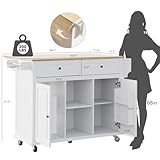 Vitalikus Kitchen Island with Storage and Drop Leaf, 53 Inch Large Rolling Kitchen Island Cart on Wheels, Portable Island Table for Kitchen with 2 Open Shelves 2 Drawers and 2 Cabinets, White