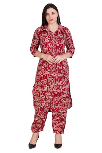ladyline Womens Rayon Printed Kurta Shirt with Afghani Salwar Pants | 2-Pcs Co-Ord Set | (RPKP SCG1160) (38/ Red)