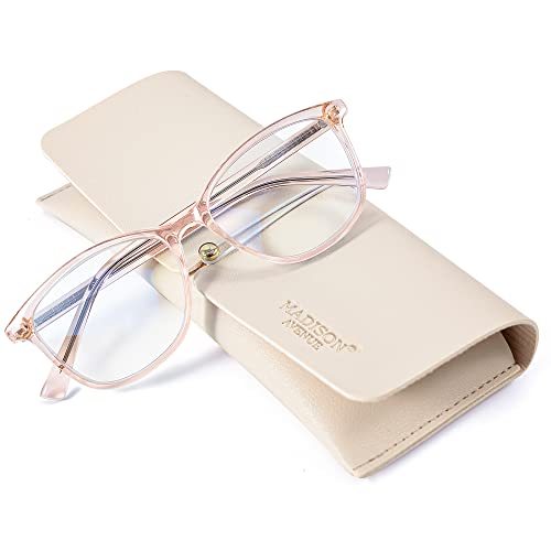 Madison Avenue Square Vintage TR90 Blue Light Blocking Reading Glasses for Women with Case, Anti Glare/Eyestrain Computer Readers Transparent Brown 2.5