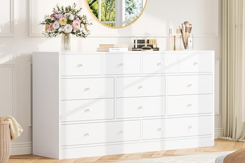 GarveeHome 12 Drawer Dresser for Bedroom, 61 Inch Wood Dresser with Power Outlet, Wide Chest of Drawers for Living Room, Hallway, Tall Dressers with Smooth Metal Rail, Large Storage, White