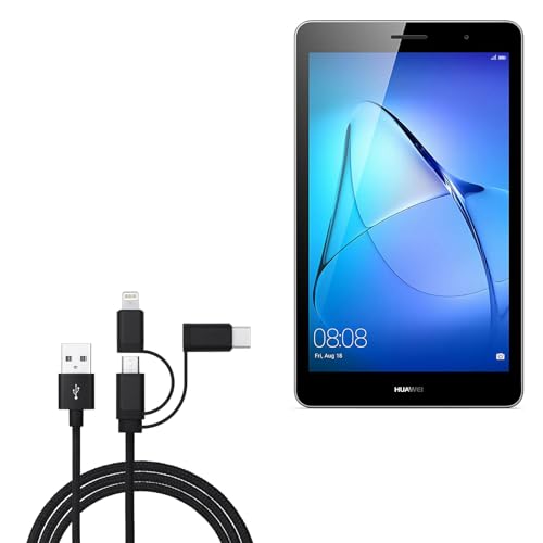 BoxWave Cable Compatible with Huawei MediaPad T3 8.0 - AllCharge 3-in-1 Cable - Jet Black
