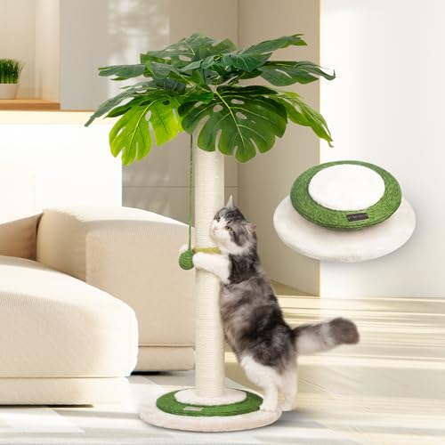 Meowoou Cat Scratching Post for Space-Saving,35” Tall Modern Monstera 3 Layer Cat Tree Tower with Sisal Rope Hanging Interactive Ball for Indoor Cats and Kitten Climbing,Play & Rest